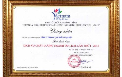 GrandViet Tour nhận giải thưởng dịch vụ chất lượng ngành du lịch